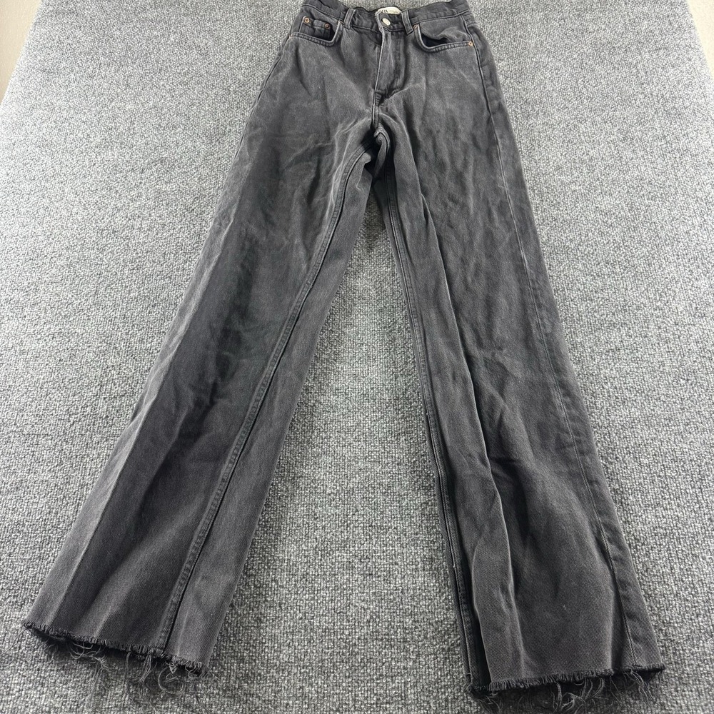 Zara Wide Leg Jeans Womens 2 Black Charcoal Wash Raw Hem 5 Pocket Denim